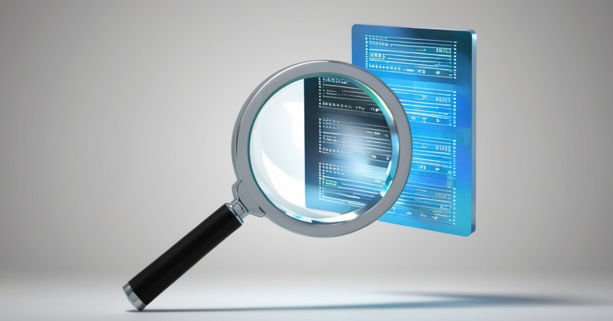 Magnifying glass reviewing market research data fraud