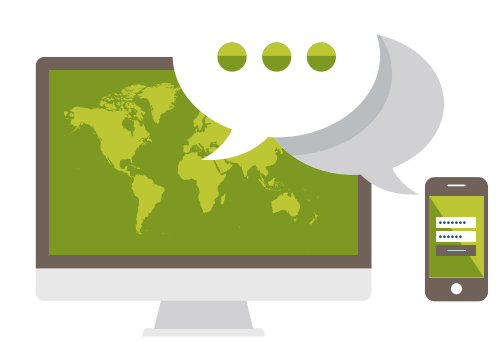 Concept graphic of a world map on a screen, a phone app login screen and a "..." speech bubble in greens, white and greys, to represent online insights communities software